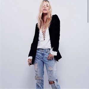 Free people velvet slim fit no closure open blazer smoking jacket long coat